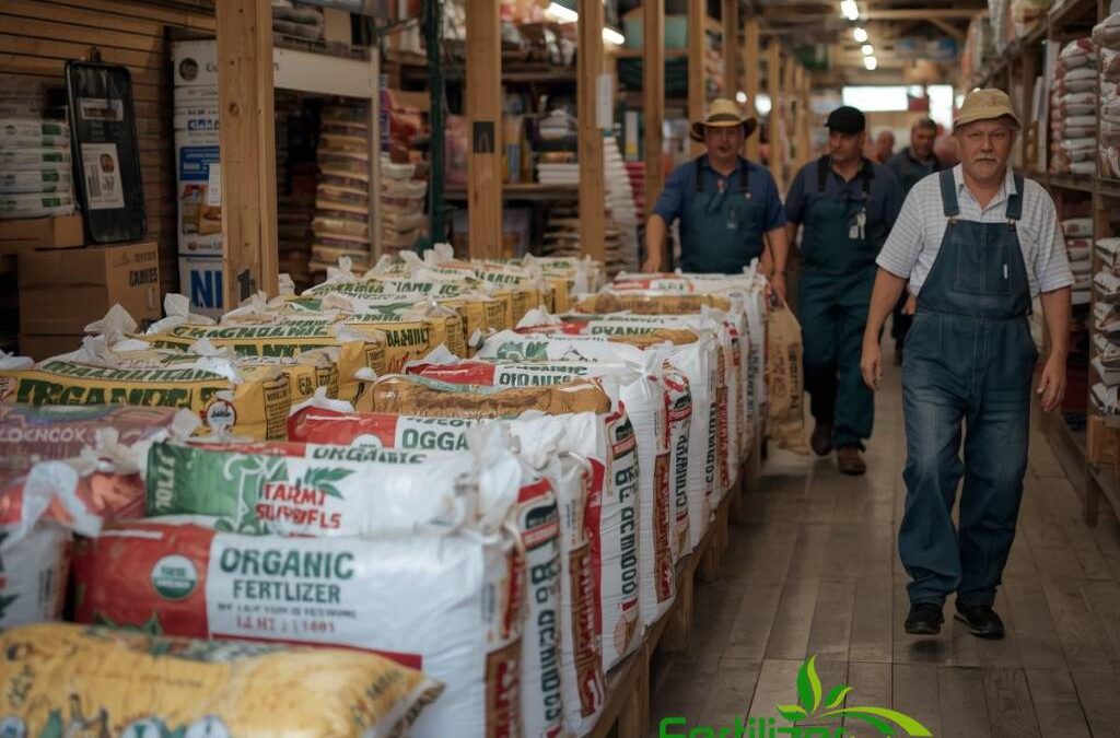 Farmers walk by large bags of bulk fertilizer at a supply store