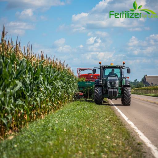 large tractor on the side of the road next to a field of corn growing on a partly cloudy day