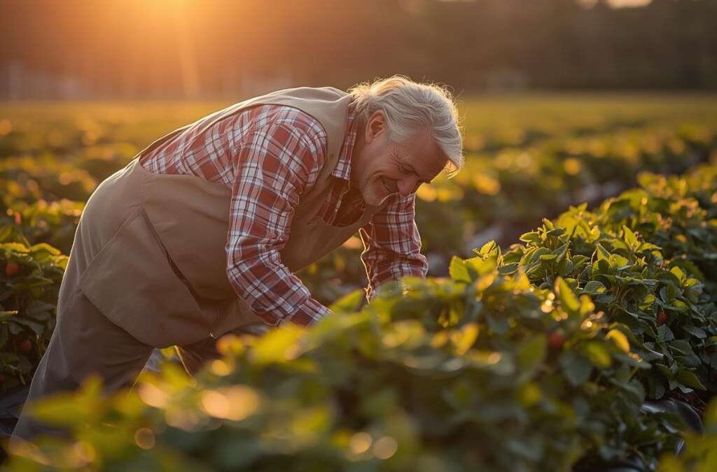 A farmer tending to his strawberries in a field close to harvest time