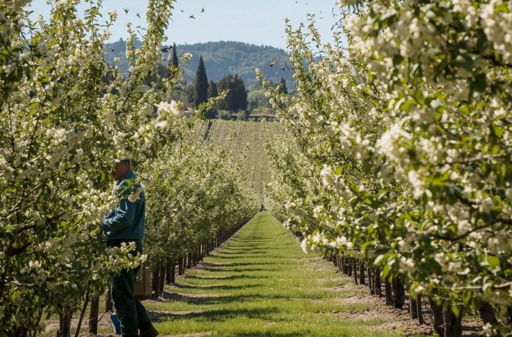 A farmer tends to pistachio trees in full bloom