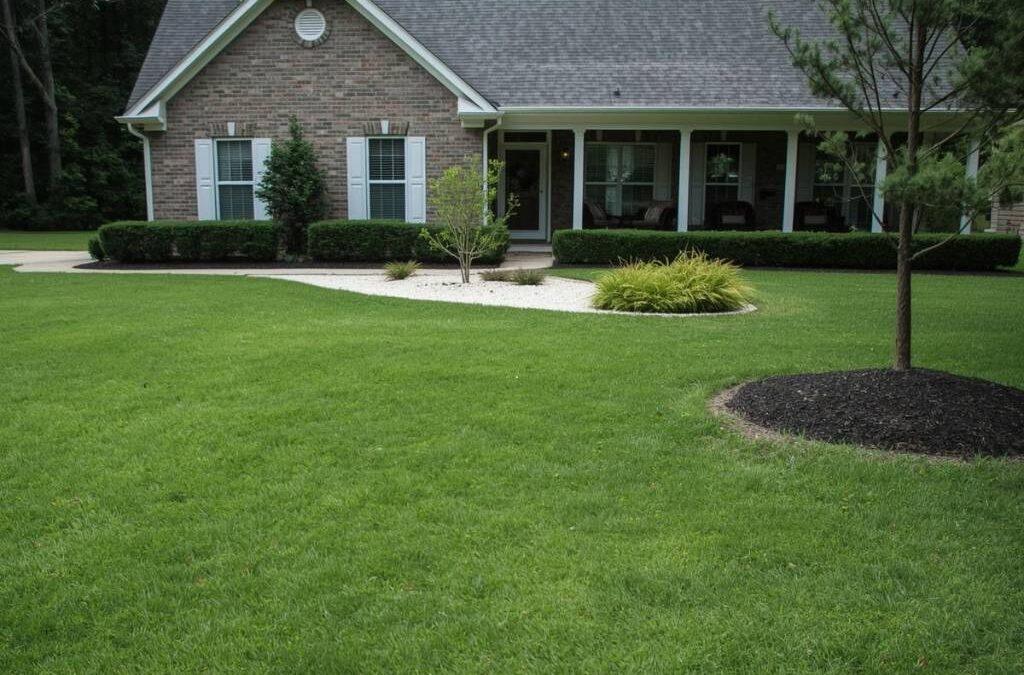 A lush green bermudagrass lawn in a typical Southern lawn with a three-bedroom house in the background