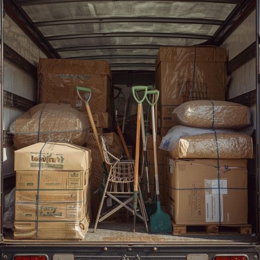 Carefully boxed up garden tools and garden furniture in the back of a moving truck.