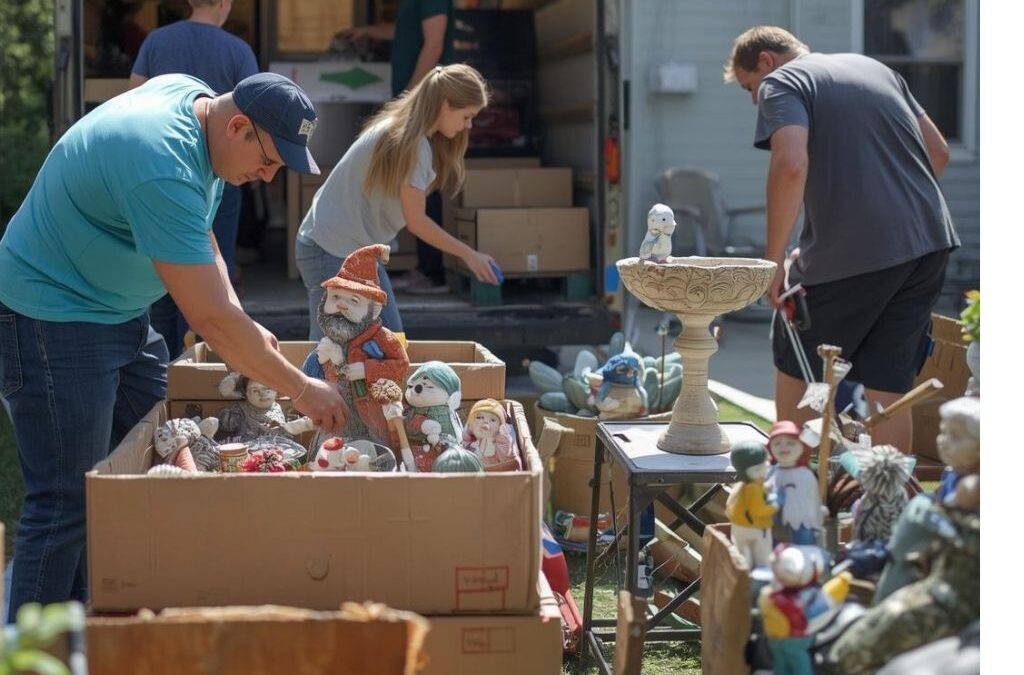 A family works in their backyard to carefully pack up all their garden furniture before moving to a new home.