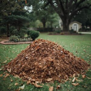 A pile of finely mulched up leaves in a backyard in northern Alabama