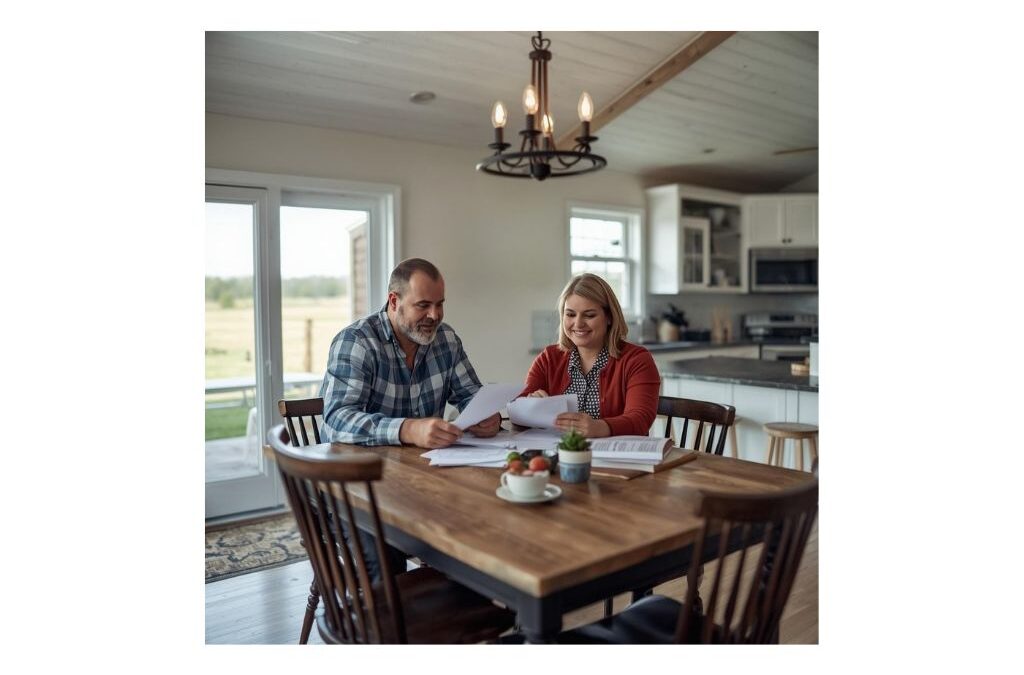 A farmer and his wife sit at the kitchen table in a modern farm home in northern Alabama staring at bills and invoices