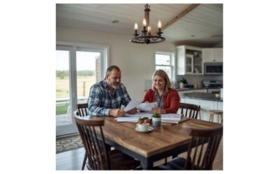 A farmer and his wife sit at the kitchen table in a modern farm home in northern Alabama staring at bills and invoices