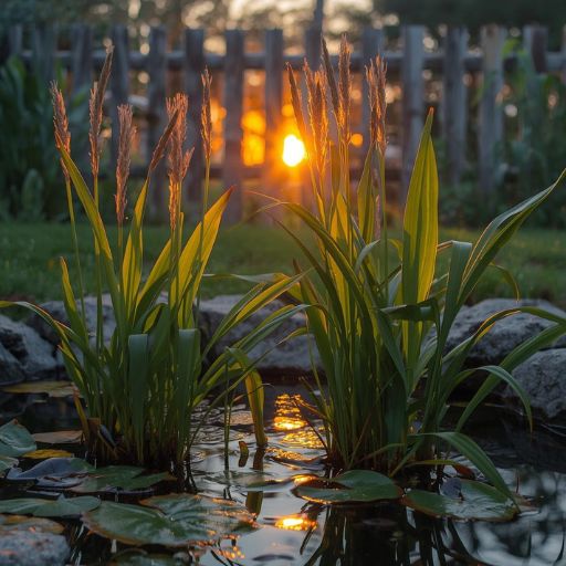 aquatic plants growing in a backyard pond with the sun setting over a wooden fence.