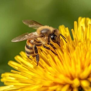 A close-up photo of a honeybee resting on a dandelion flower.