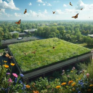 Artistic depiction of a green roof on a large warehouse building near the suburbs