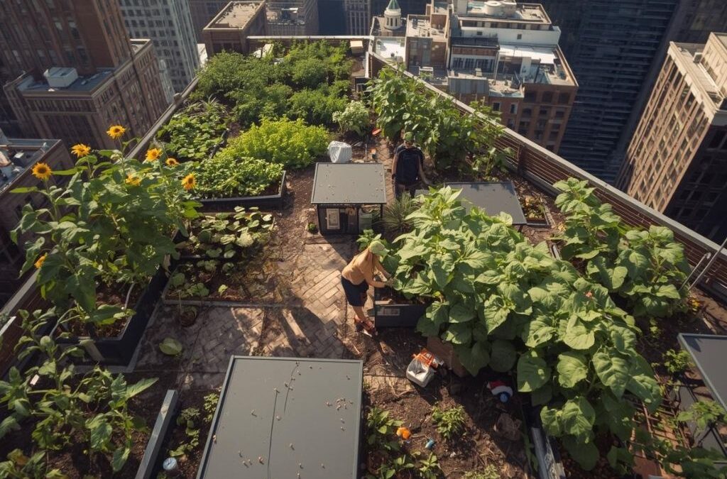 The top floor of a high rise building in New York City where most of the roof is a living green space.