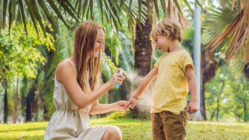 A woman applies repellent spray to a child's arms in this decorative image - Plants That Repel Mosquitoes