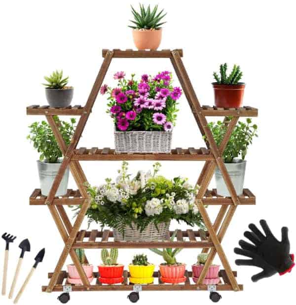 A star shaped plant display stand made of bamboo