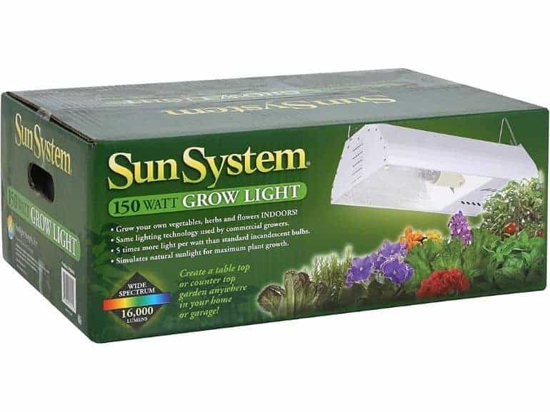 Grow light kit in green cardboard box.