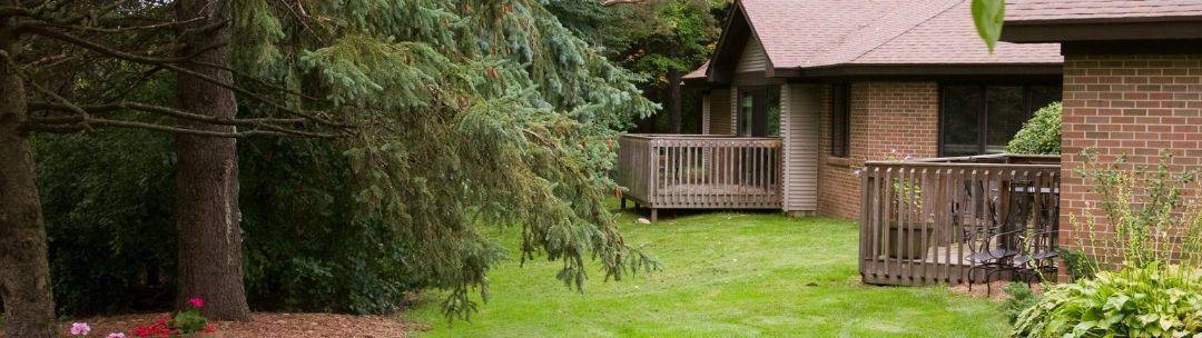 The contrast of a landscaped area right next to a standard lawn.