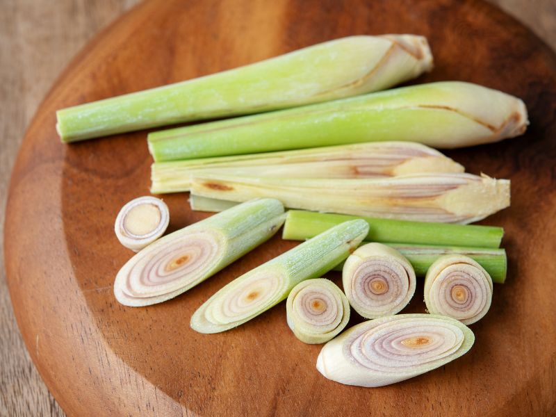 Chopped up lemongrass on a plate