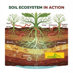 Soil Ecosystem in Action - a graphic showing soil composition layers